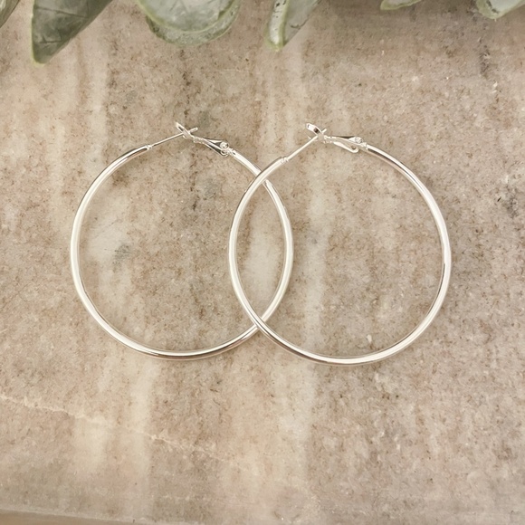 925 Sterling Silver Hoop Earrings Large Thin Silver Hoops Modern Earrings - Picture 2 of 6